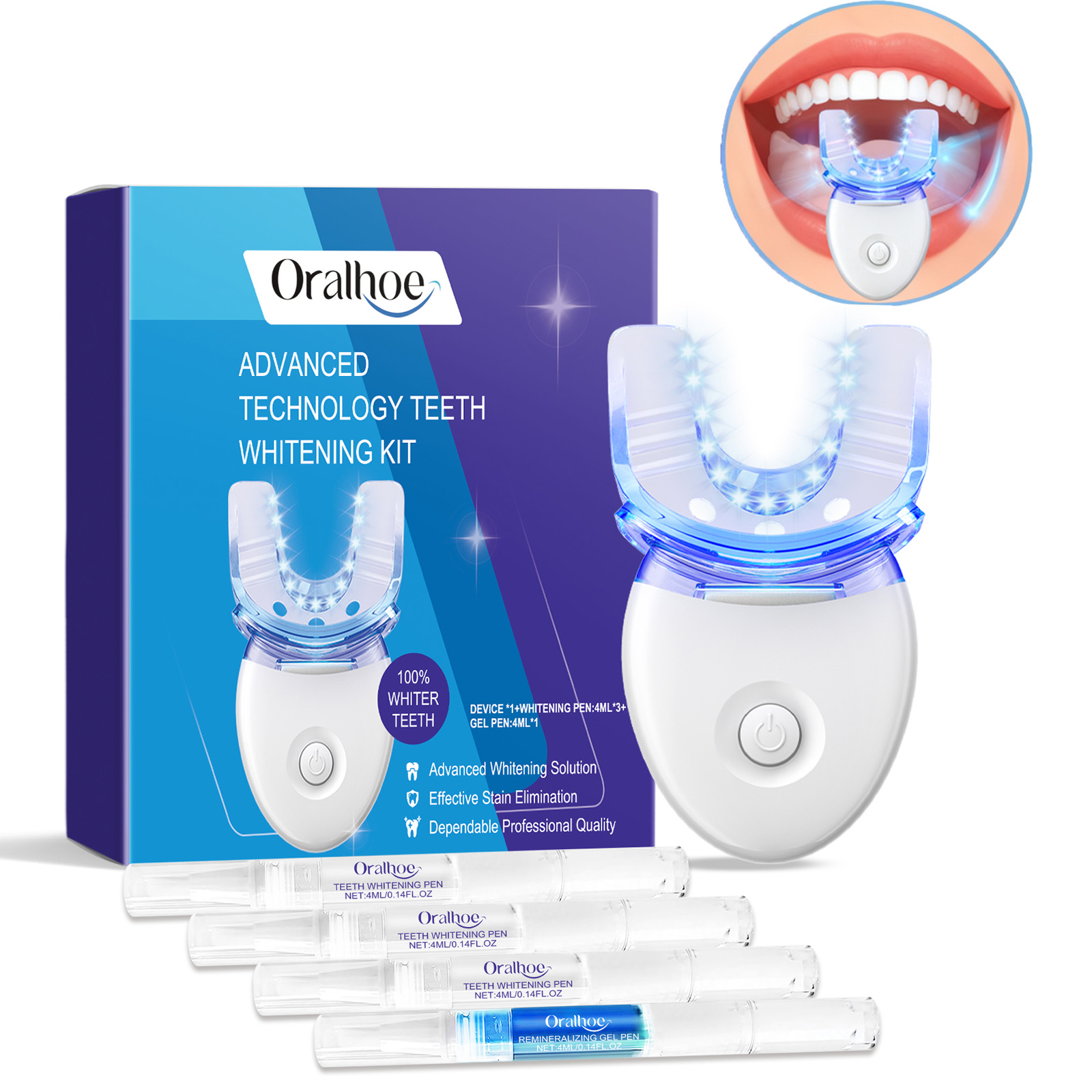 Teeth Whitening Gel Peroxide - プロフェッショナルな歯のホワイトニングLEDライトキット、4倍のホワイトニングジェル、加速ホワイトニングシステム、白い笑顔のためのブルーライトツール